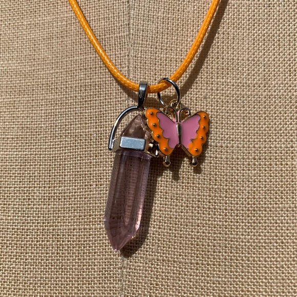 Handmade Dagger Light Pink Resin Crystal Amulet Necklace & Butterfly Charm - Picture 3 of 9